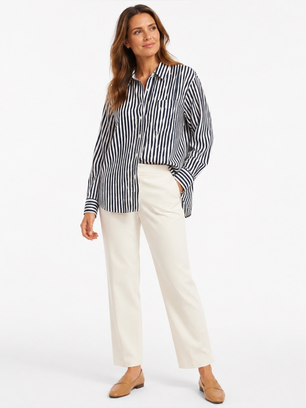 Ellen Tracy Women’s Large Navy White Striped Button Down Shirt Oversized Blouse